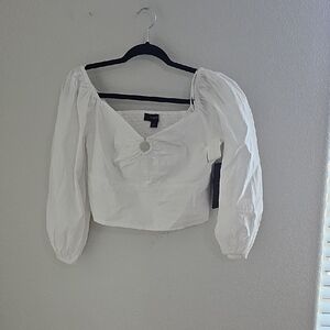 Women's White Puff Sleeve Cropped Blouse with Ring Detail